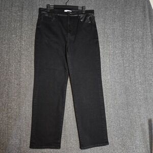 LOFT Women 29 / 8 Black Denim Faux Leather Trim High Rise Straight Jeans Fit NWT